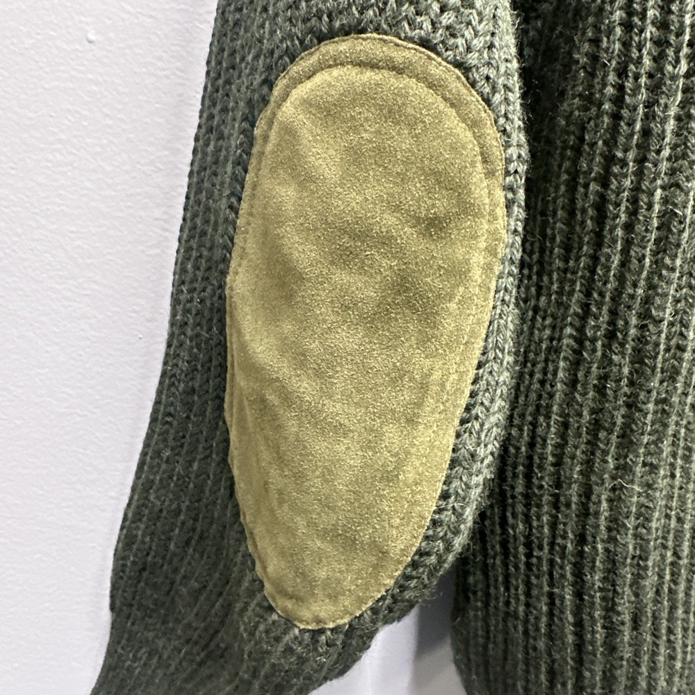 Niffi Made In England Ribbed Knit Sweater Olive Suede Elbow Shoulder Patches L - Picture 6 of 8